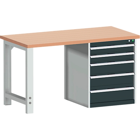 Workbench with wooden top and drawer element. Gray frame with white drawer fronts.