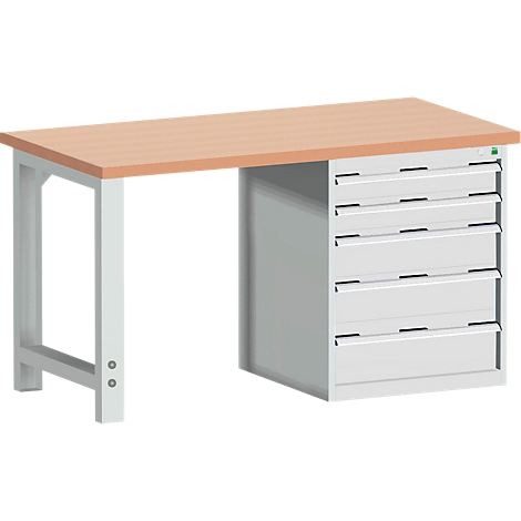 Workbench with light brown worktop, grey legs and cabinet with 6 drawers.