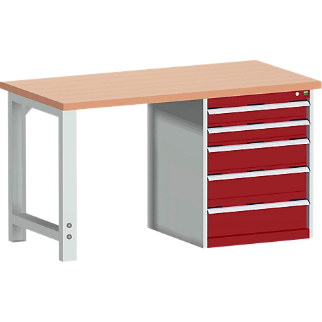 Workbench with wooden top, gray legs, and red drawer side.