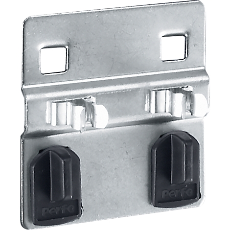 Metallwinkel mit schwarzen Kunststoffkappen. Zwei quadratische Löcher oben, Schriftzug 'Perfo' auf den Kappen.