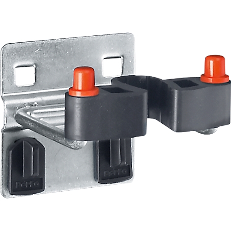 Metallhalterung mit schwarzen Kunststoffhalterungen und orangefarbenen Stiften.