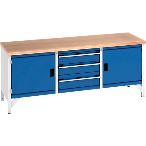 Blaue Werkbank mit Holzplatte, Schubladen und Schranktüren. Metallbeine, schwarze Griffe.