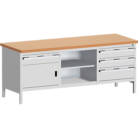 Werkbank, Holzplatte auf grauem Metallschrank mit Schubladen und Tür.