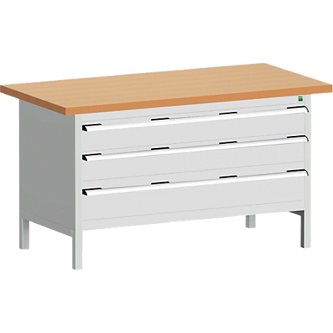 Werkbank mit hellbrauner Holzplatte und drei Schubladen, auf grauem Untergestell.