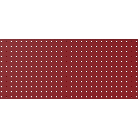 Rechteckige Tafel in Burgunderrot mit regelmäßig angeordneten, quadratischen Aussparungen in Weiß.