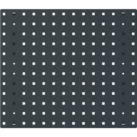 Dunkelgraue Platte mit quadratischen und runden Löchern.
