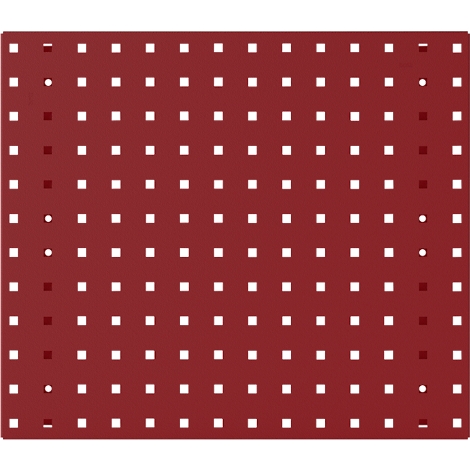 Burgunderfarbene Platte mit quadratischen und runden Löchern. Die Löcher sind regelmäßig angeordnet.