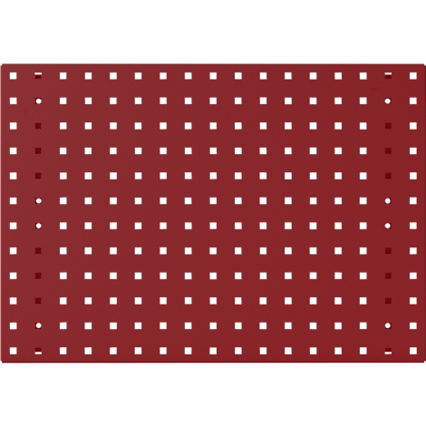 Bord mit vielen quadratischen und runden Löchern in einem roten Hintergrund.