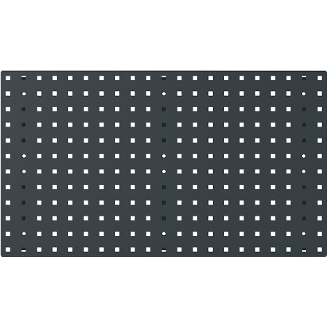 Dunkelgraue Platte mit quadratischen und runden Löchern. Die Anordnung ist regelmäßig.