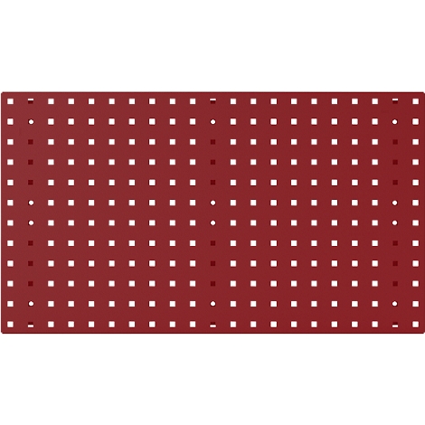 Rote Platte mit Löchern und quadratischen Aussparungen.