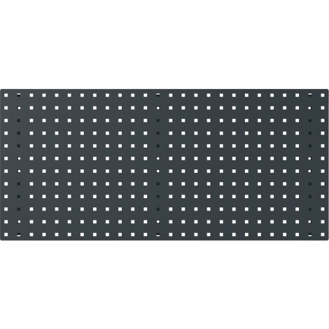 Dunkelgraue Platte mit gleichmäßig verteilten weißen quadratischen und schwarzen runden Löchern.