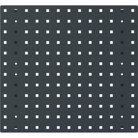 Dunkelgraue quadratische Tafel mit quadratischen und runden Löchern in gleichmäßiger Anordnung.