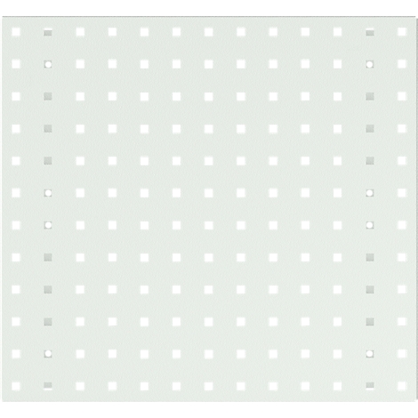 Hellgraue quadratische Platte mit gleichmäßig verteilten quadratischen und runden Löchern.
