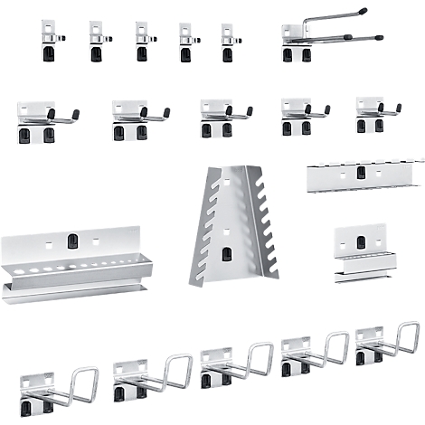 Verschiedene Werkzeugaufbewahrungssysteme aus Metall, darunter Haken, Halter und eine Werkzeugleiste.
