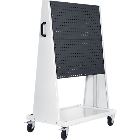 Weißes, mobiles Werkzeugbrett mit Lochmuster, schwarzem Griff und Rollen.