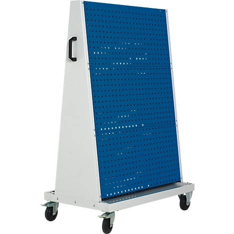 Blaues Lochblech auf einem weißen, rollbaren Rahmen, schwarzer Griff.