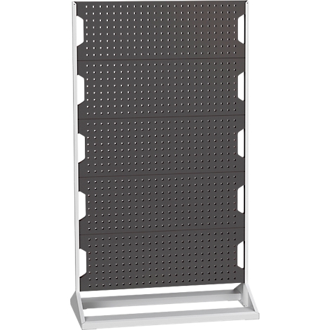 Graue Lochwand auf weißem Rahmen, für Werkzeuge. Mit Löchern zur Aufnahme von Zubehör.