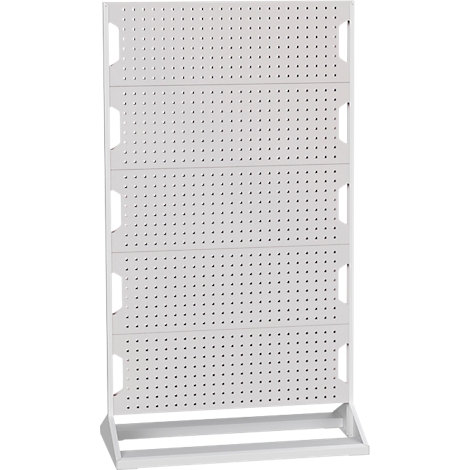 Weißes Lochblech-Regal, mit vielen kleinen Löchern, aufrechtstehend.