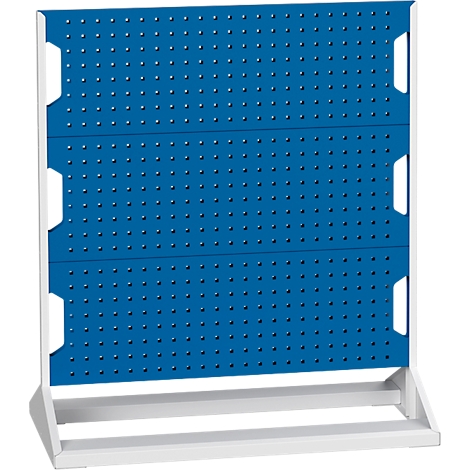 Blaues Lochblech-Board mit weißem Rahmen und Standfuß. Die Oberfläche ist mit Löchern versehen.