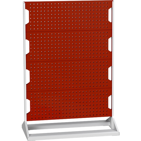 Rote Lochwand mit weißen Rahmen und Stützen. Die Lochwand ist mit vielen kleinen Löchern versehen.