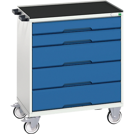 Blue workshop cart with four drawers on wheels. Black worktop and drawer handles.