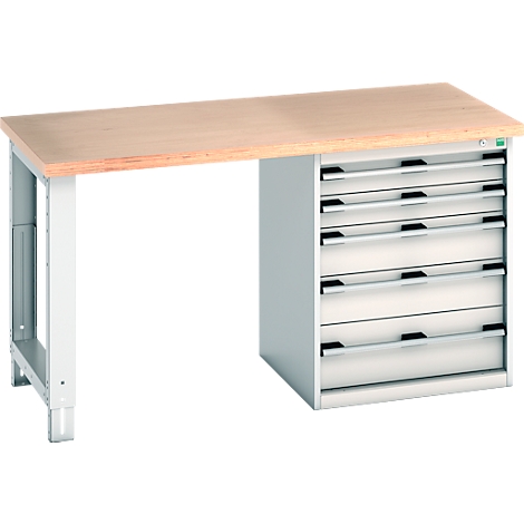 Werkbank mit Holzplatte, hellgrauem Metallrahmen und Schubladen.