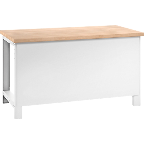 Werkbank mit weißem Korpus und heller Holzplatte.