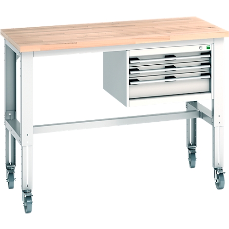 Werkbank mit Holzplatte, Schubladenschrank und Rollen. Metallgestell, Schubladen silberfarben.