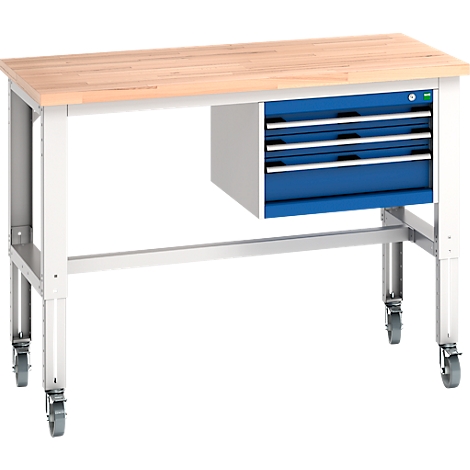 Werkbank mit Holzplatte, weißem Gestell, blauen Schubladen und Rollen.