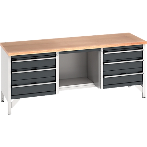 Werkbank mit Holzplatte, grauen Schubladen und weißem Gestell.