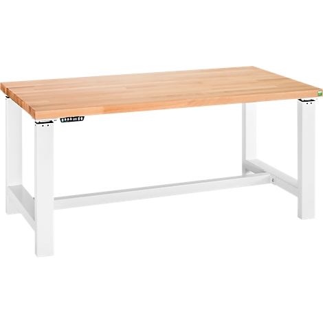 Ein großer, rechteckiger Holztisch mit weiß lackierten Metallbeinen. Die Tischplatte ist hellbraun, die Beine bilden ein stabiles Gestell.