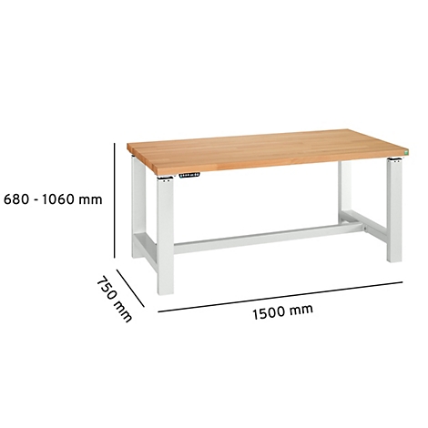 Holztisch mit weißem Gestell, Maße: 1500 mm lang, Höhe 680-1060 mm, Text: 750 mm.