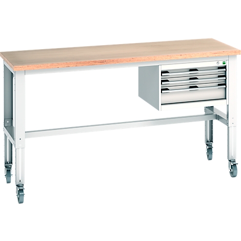 Werkbank mit Holzplatte, grauen Stahlbeinen und Schubladenelement auf Rollen.