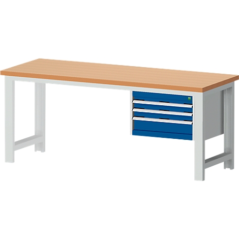 Werkbank mit hellbrauner Arbeitsfläche und blauem Schubladenschrank.