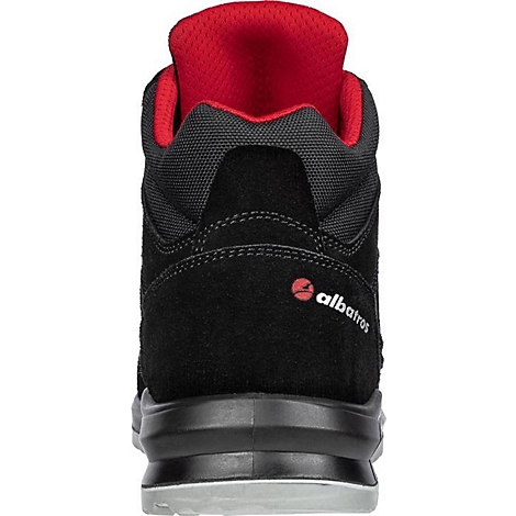 Chaussure de sécurité noire de dos. Doublure rouge, cuir noir, semelle. Logo Albatros.