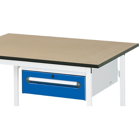 Desk with wooden top, blue drawer compartment and white frame.