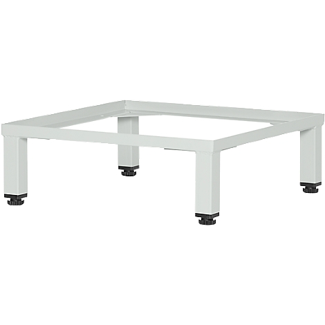 A white, square metal frame with four legs and black plastic feet.