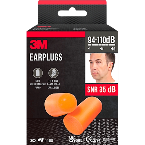 Bouchons d'oreille 3M orange devant l'emballage. Impressions: 94-110dB, SNR 35 dB, doux, hypoallergénique, s'adapte à un large éventail de tailles de conduits auditifs.