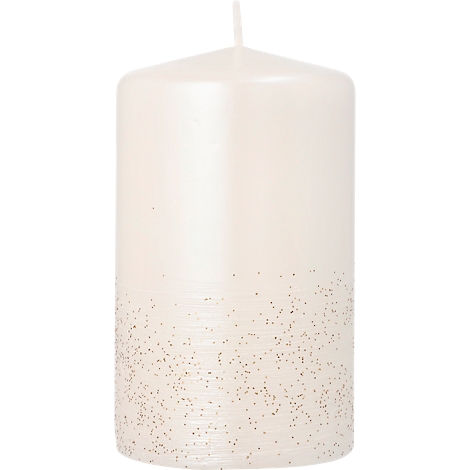 Bougie crème avec des paillettes en bas et une mèche.