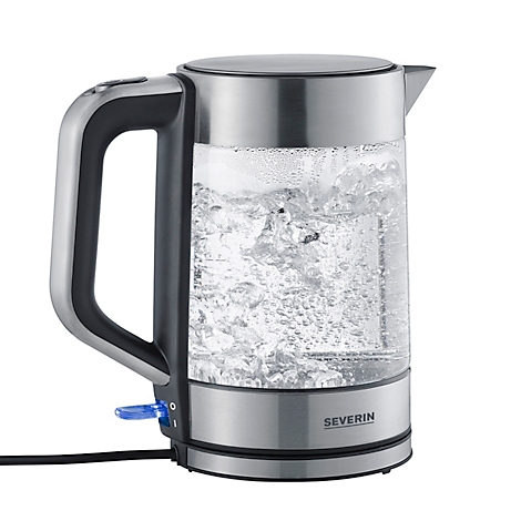 Une bouilloire en acier inoxydable et en verre remplie d'eau bouillante. La poignée est noire et l'appareil est posé sur un fond blanc.