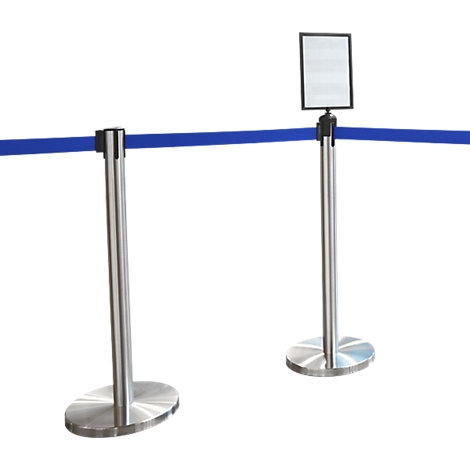 Two stainless steel stanchions with blue barrier tape and information sign. The background is white.