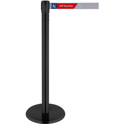 Black stanchion with extendable belt, red and white labeled: self bag drop.