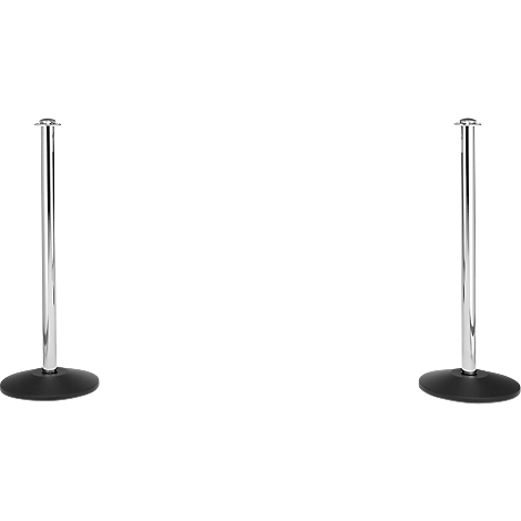Two silver stanchions with black round bases on a white background.