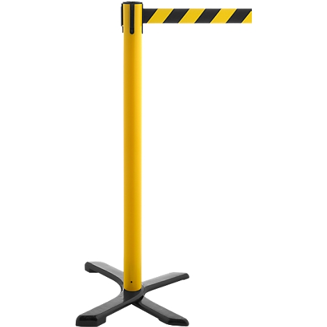 Yellow and black striped barrier post with an extended striped barrier rope.