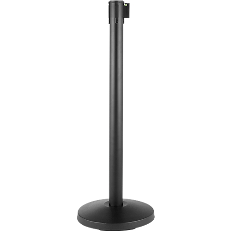 Black stanchion with round base. The stanchion is an upright cylinder, narrower in the middle.