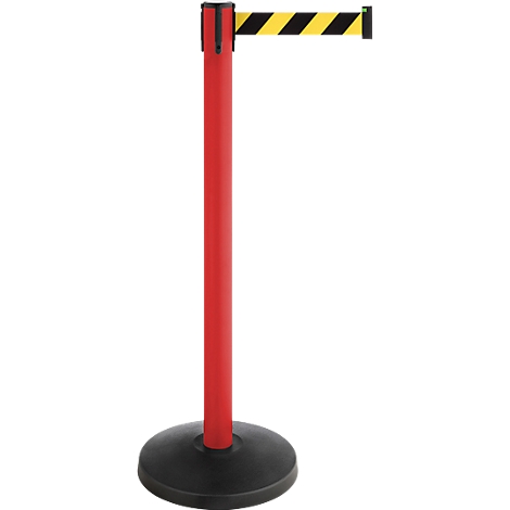 Red stanchion with black base and a yellow and black striped retractable belt.