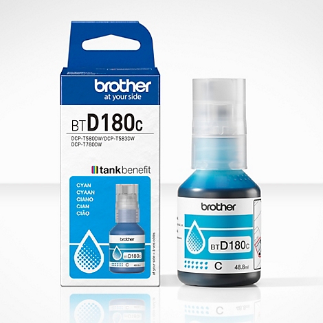 Encre Brother bleue BTD180c avec emballage. La bouteille indique 'C', '48.8'.