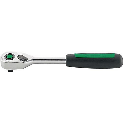 Cliquet avec boîtier en métal et bouton et poignée verts. La poignée est noire avec un insert vert.
