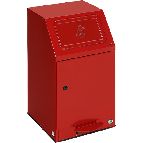 Red trash can, lid with bird logo, foot pedal.