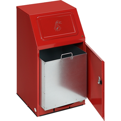 Red waste container with open lid, metallic inner bucket visible.